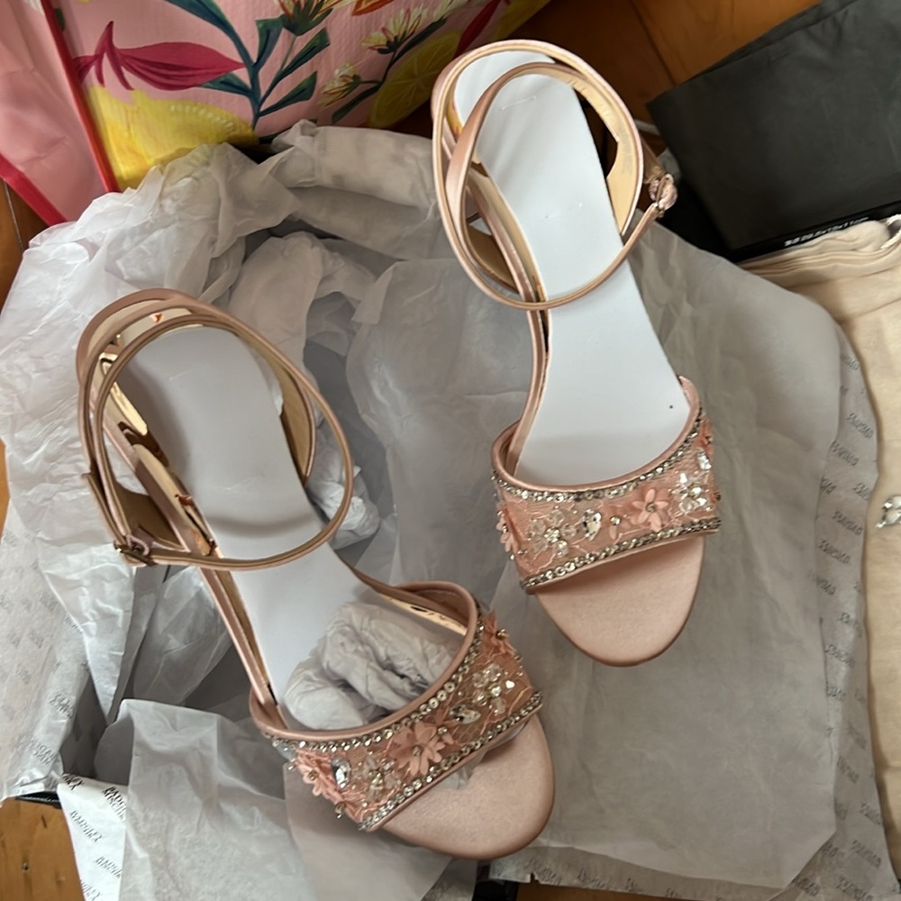 Badgley Mischka Pink Satin Floral Crystal Block Heel Sandals - Picture 13 of 13